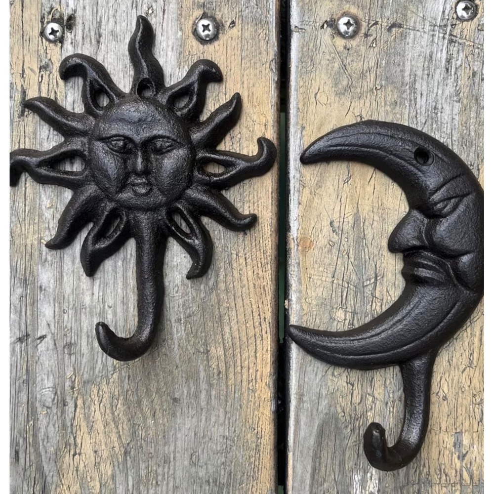 NEW Celestial Sun Moon Cast Iron Wall Hooks Black Decor